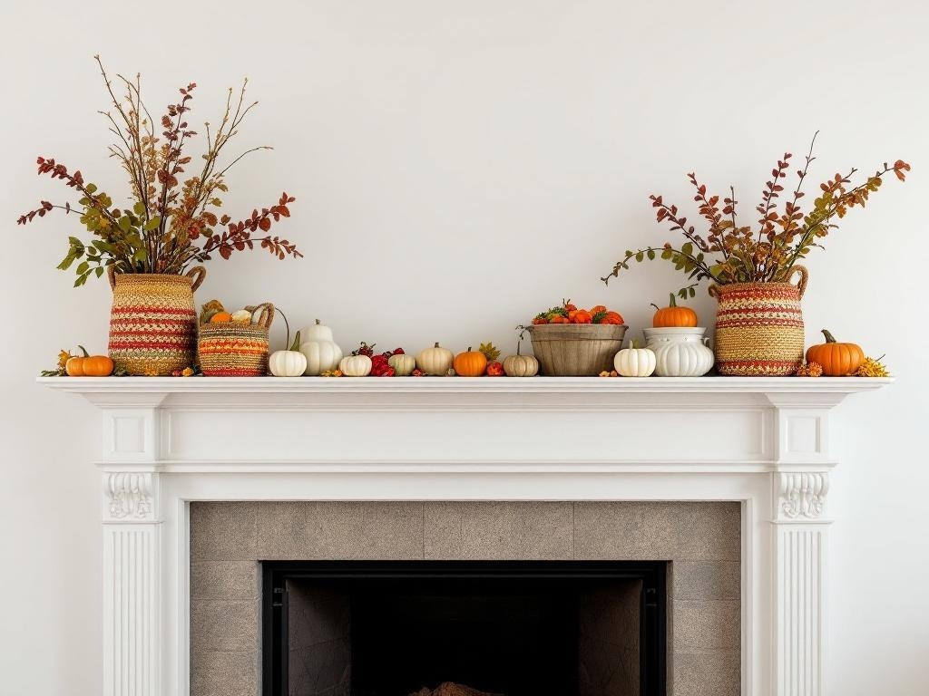 A spring mantel decorated with colorful baskets, flowers, and pumpkins.