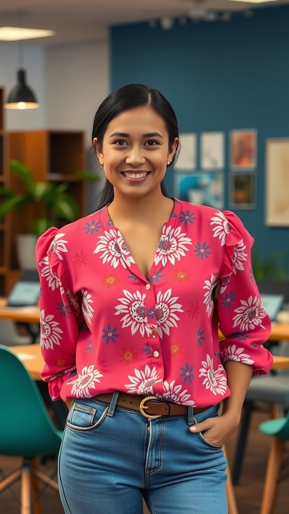 A woman wearing a colorful floral blouse and jeans, smiling in a modern office environment.