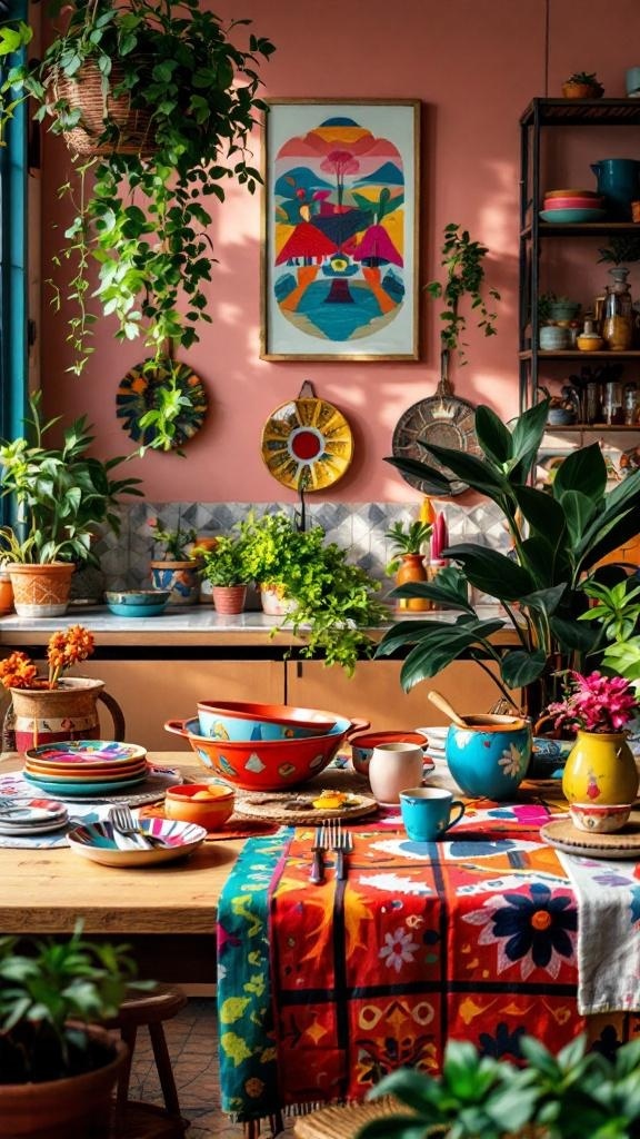 A colorful bohemian kitchen table setting with vibrant dishes, a patterned tablecloth, and plants.
