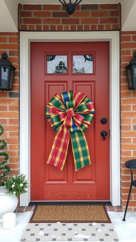 A red front door adorned with a large, colorful bow in green, red, and yellow, surrounded by festive decorations.