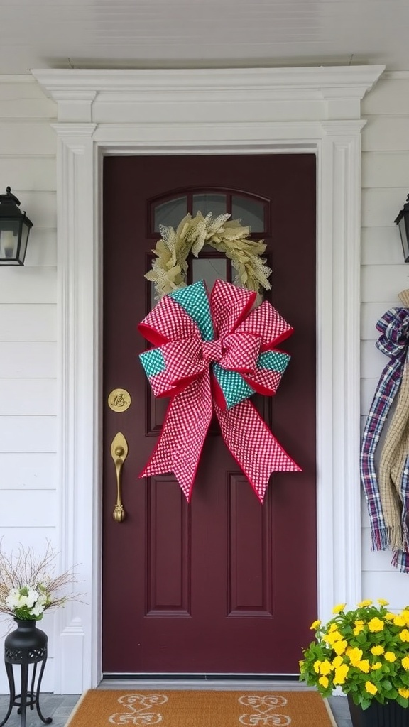 A front door decorated with a large colorful bow and a wreath.