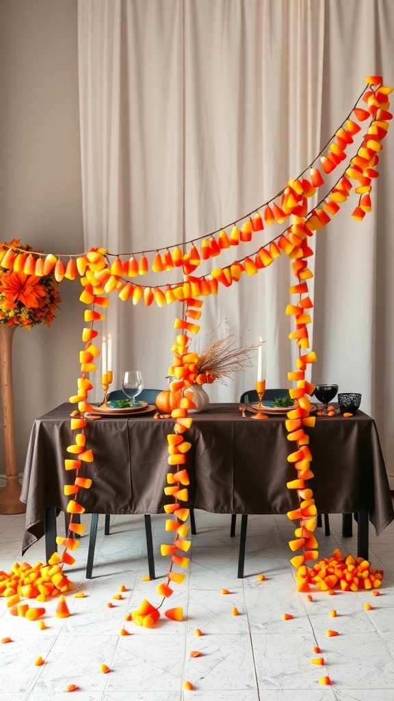 A colorful candy corn banner hanging above a table decorated for Halloween.