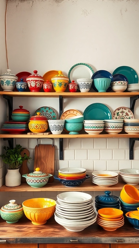 Colorful ceramic dishware collection on shelves in an Italian farmhouse kitchen