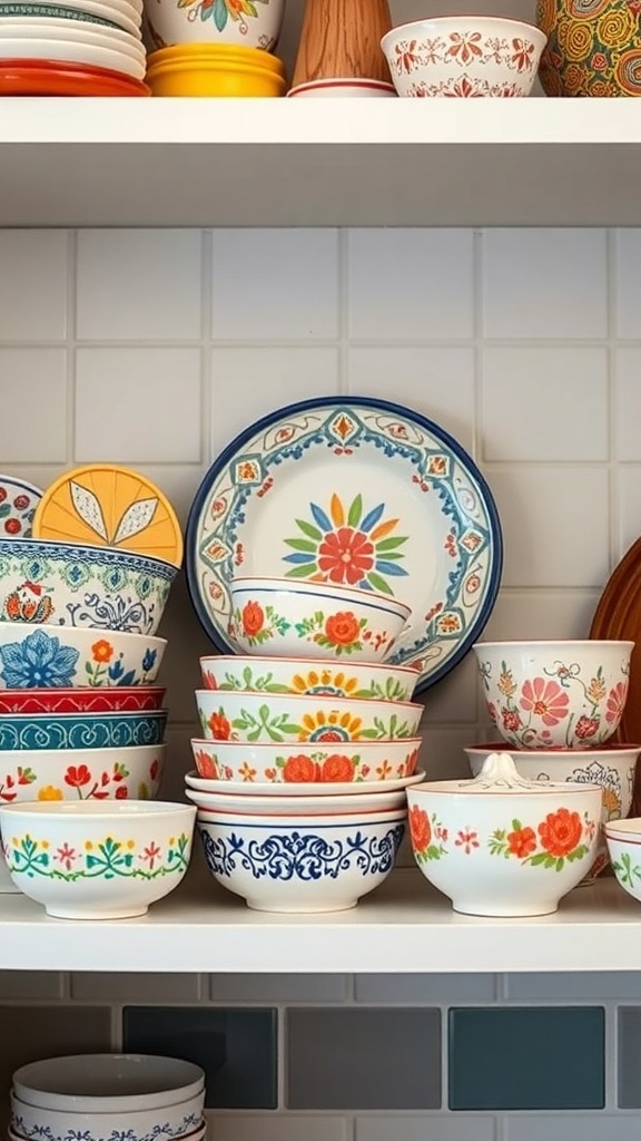 A collection of colorful ceramic dishware on shelves, featuring various bowls and plates with floral designs.