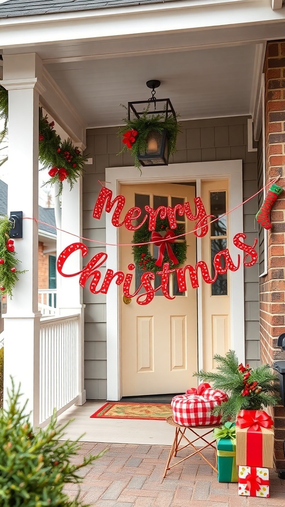A colorful Christmas banner saying 'Merry Christmas' adorned with wreaths and festive decorations.