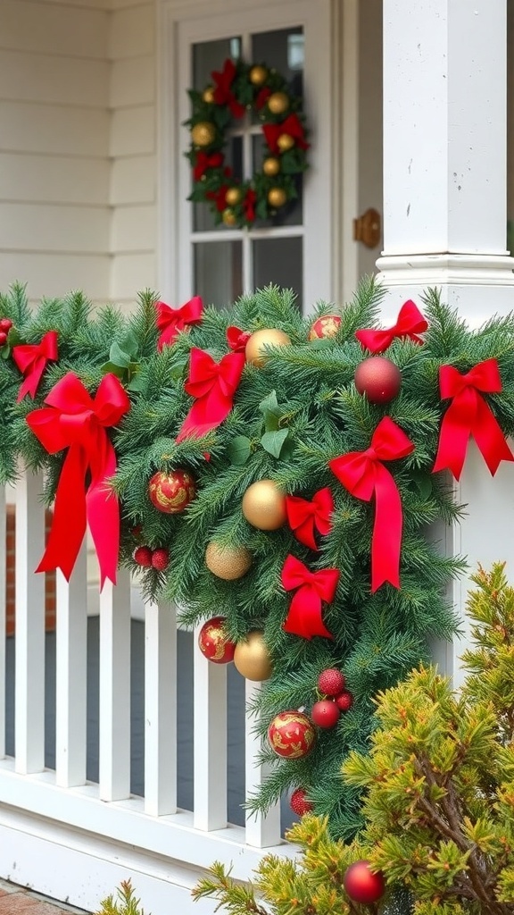 Colorful Christmas garland with red bows and ornaments on a porch railing