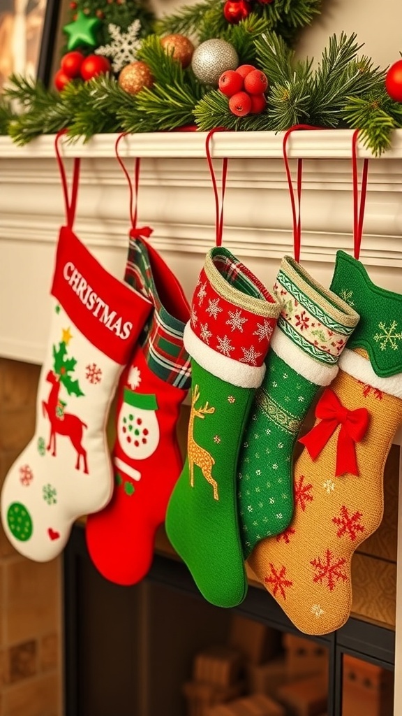 A display of colorful Christmas stockings hanging from a mantel.