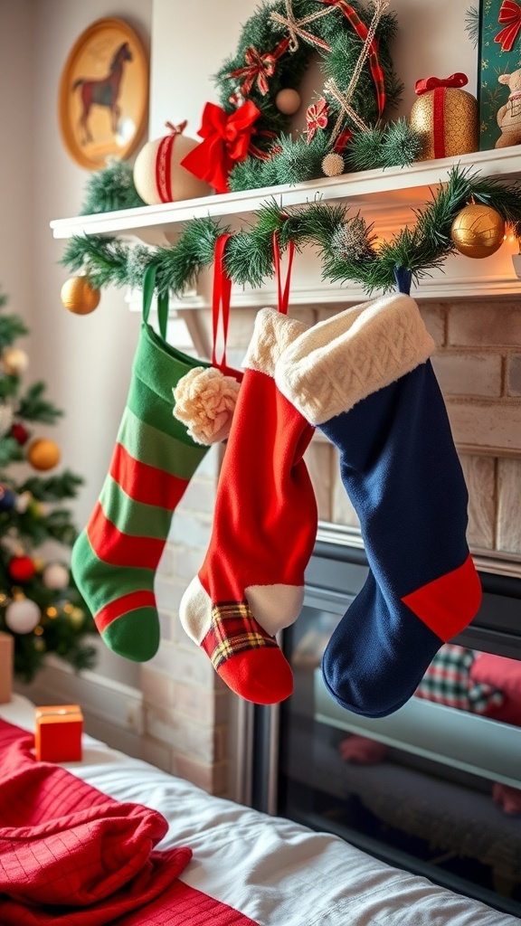 Colorful Christmas stockings hanging from a mantel, decorated with a wreath and ornaments.