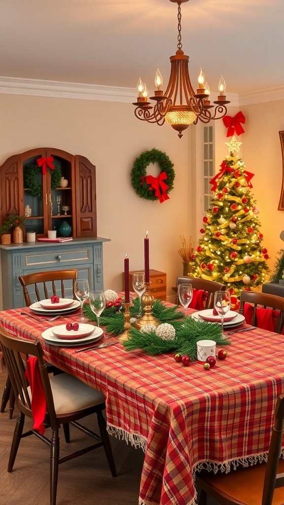 A beautifully decorated Christmas dining table with a plaid tablecloth, festive candles, and holiday ornaments.