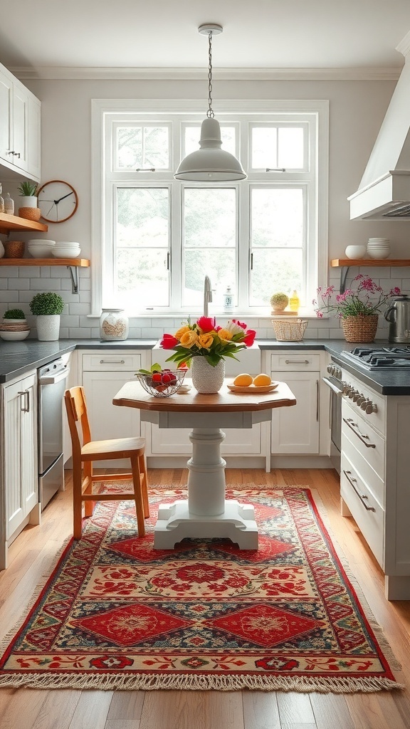 A cozy kitchen featuring a colorful cotton rug under a wooden table with flowers and fruits.