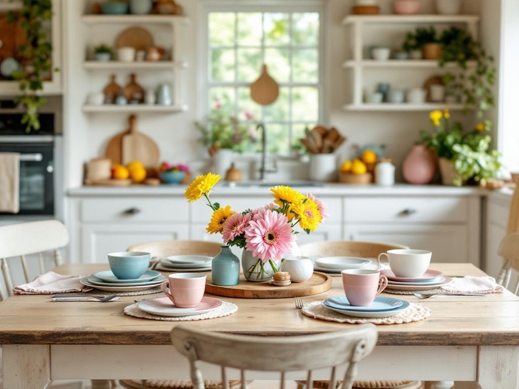 A cozy cottage kitchen table set with colorful dishware and a floral centerpiece.