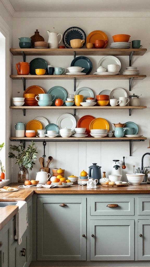 A colorful display of dishware on wooden shelves in a farmhouse kitchen.