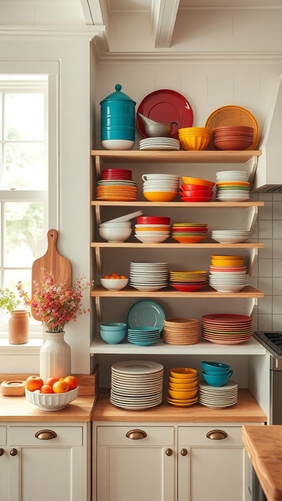 A colorful display of dishware on open shelves in a farmhouse kitchen, featuring various plates and bowls in bright colors, complemented by fresh flowers and fruits on the countertop.