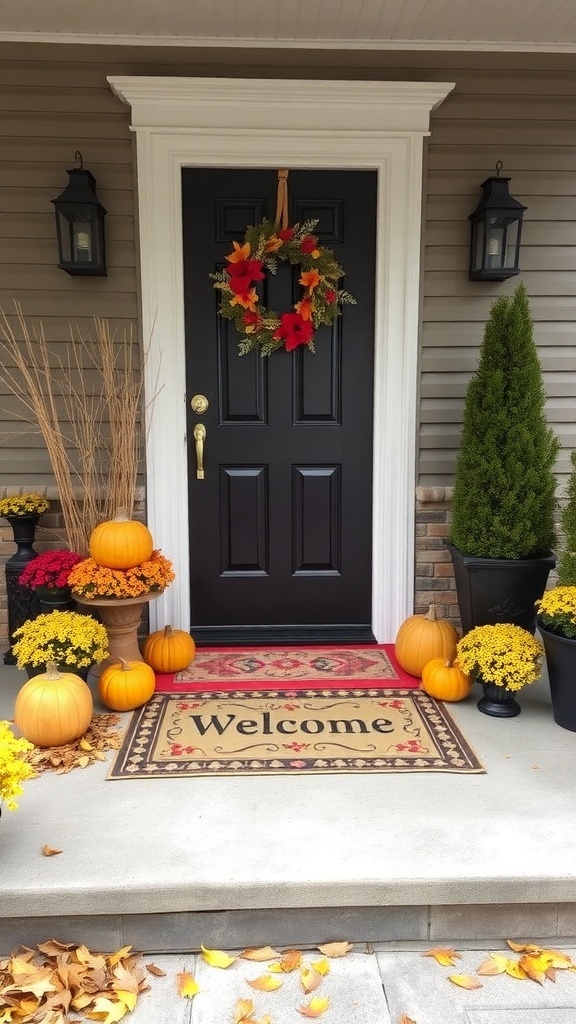 A fall-themed entrance with colorful door mats, pumpkins, and a welcome sign.