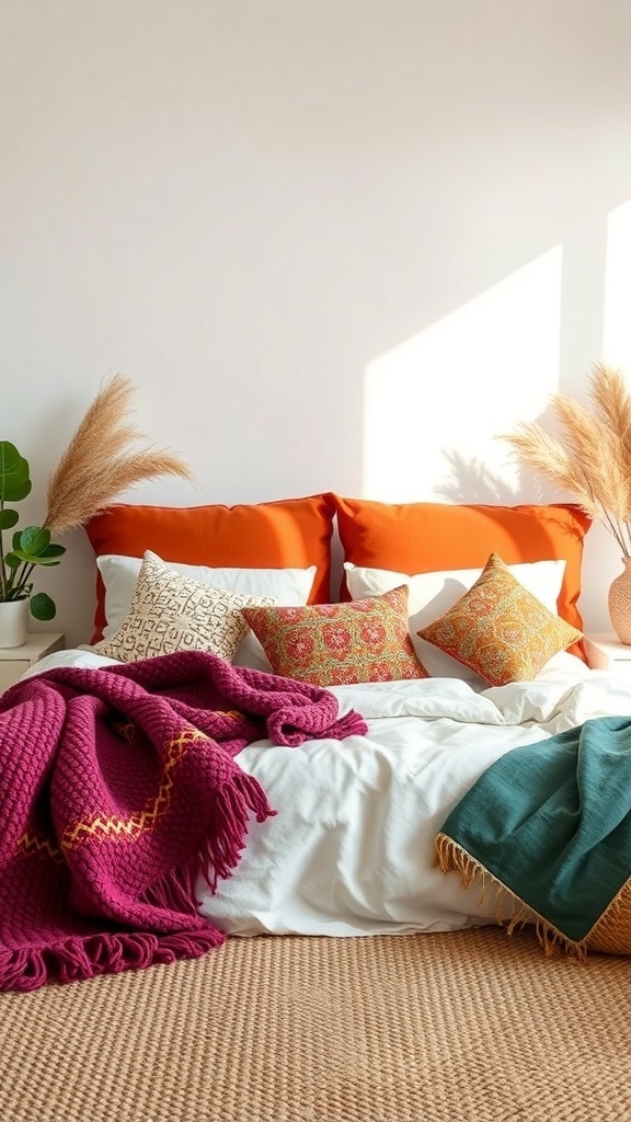 A cozy bedroom with colorful earthy accents, featuring vibrant pillows and throws on a bed.
