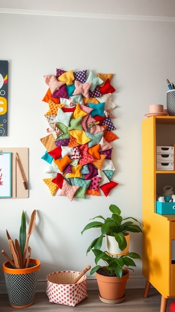 Colorful fabric scrap wall art displayed on a wall in a craft room.
