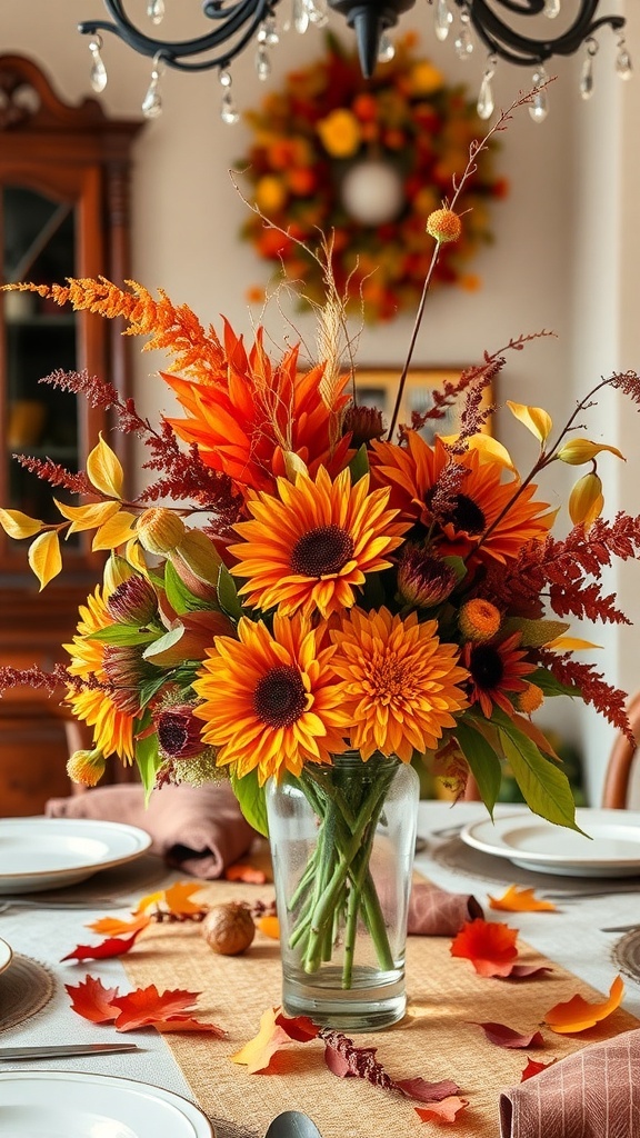 A colorful fall floral arrangement featuring sunflowers and autumn leaves on a Thanksgiving table.