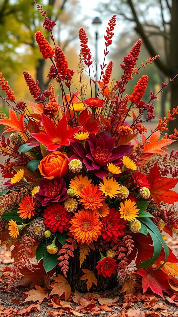 A vibrant Thanksgiving flower arrangement featuring red, orange, and yellow flowers with fall foliage.