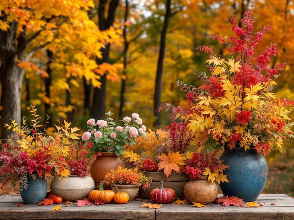 Colorful fall foliage arrangements with pumpkins on a wooden table