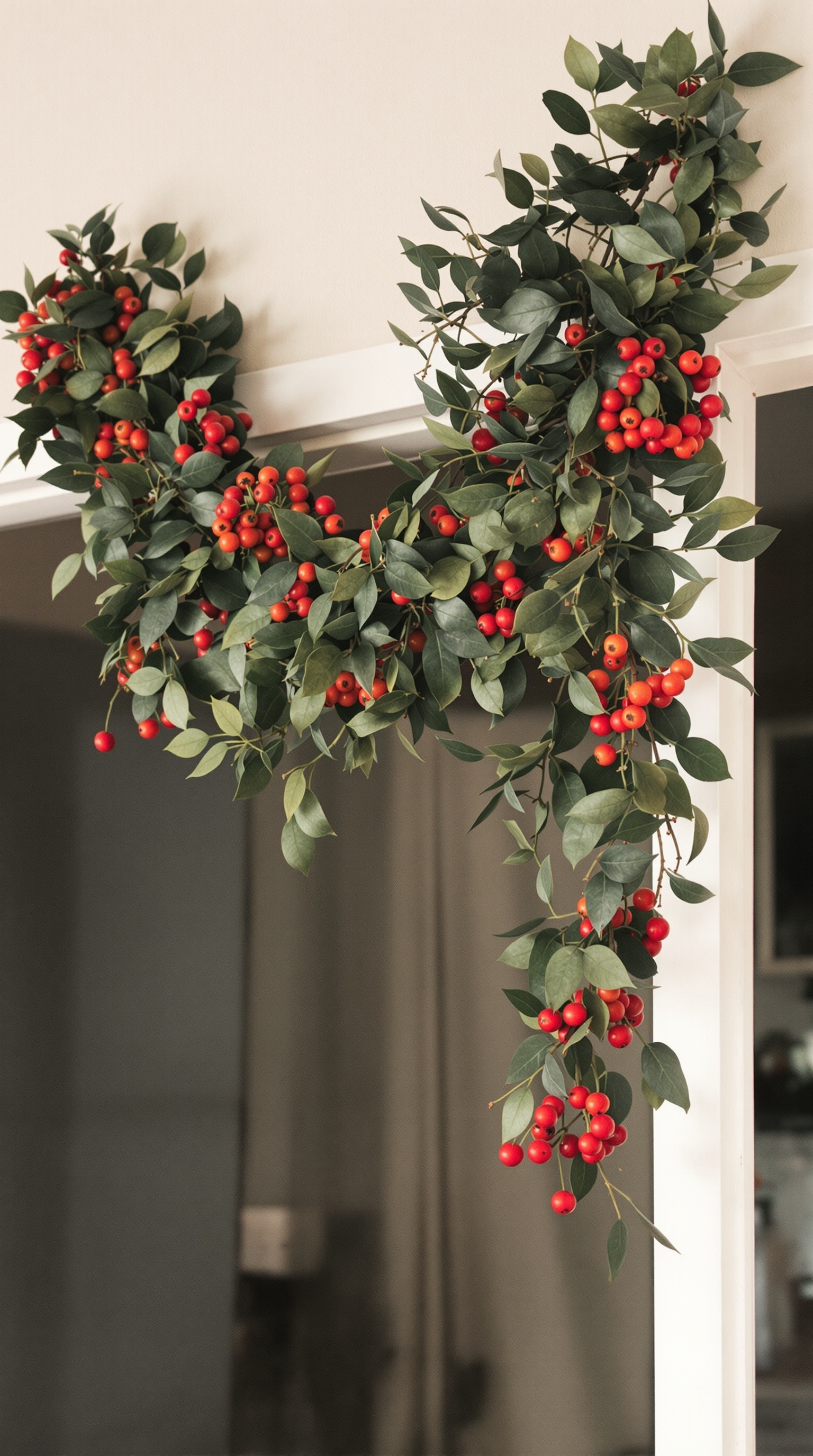 A colorful garland with green leaves and red berries hanging over a doorway.