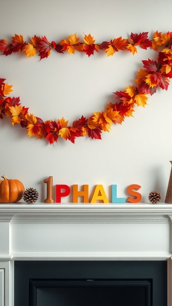 Colorful fall leaf garland hanging on a wall with decorative items on a mantel.