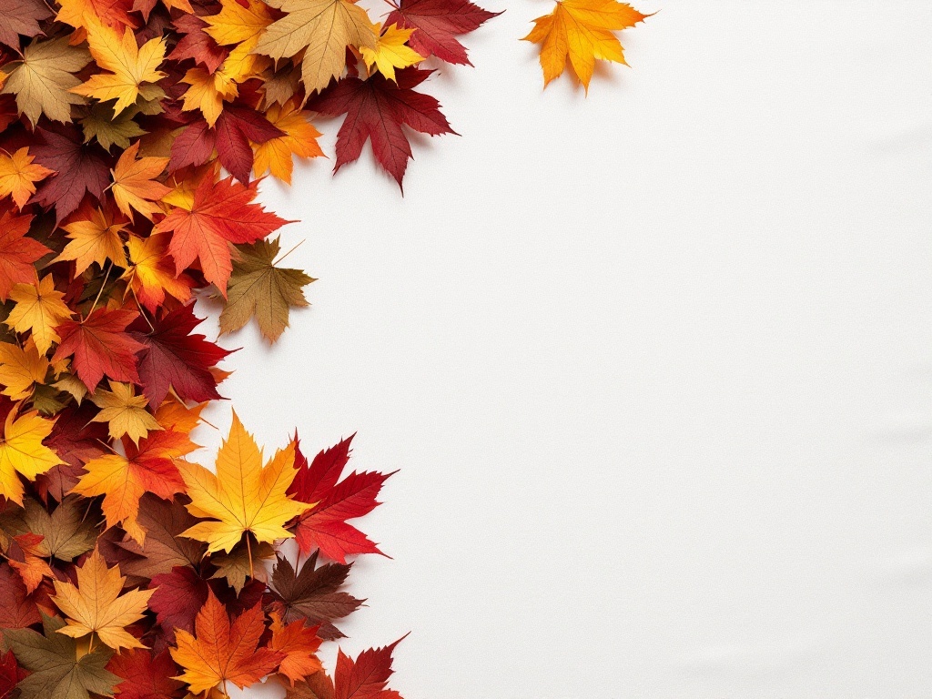 Colorful fall leaves scattered on a white tablecloth