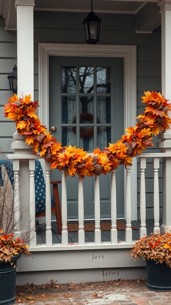 A colorful garland made of fall leaves draped over a porch railing, enhancing the autumn decor.