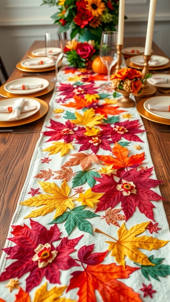 Thanksgiving table runner featuring colorful fall leaves