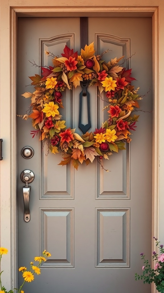 A colorful fall wreath with red, yellow, and orange leaves and flowers on a door.