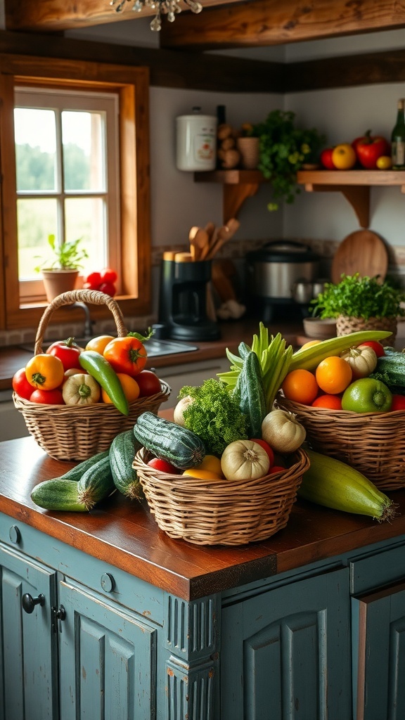 Baskets filled with colorful fruits and vegetables in a farmhouse kitchen.