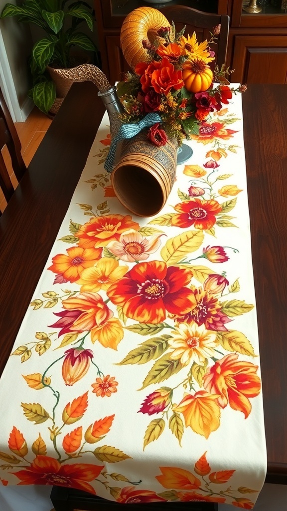 A colorful floral print table runner on a wooden table with a cornucopia centerpiece.