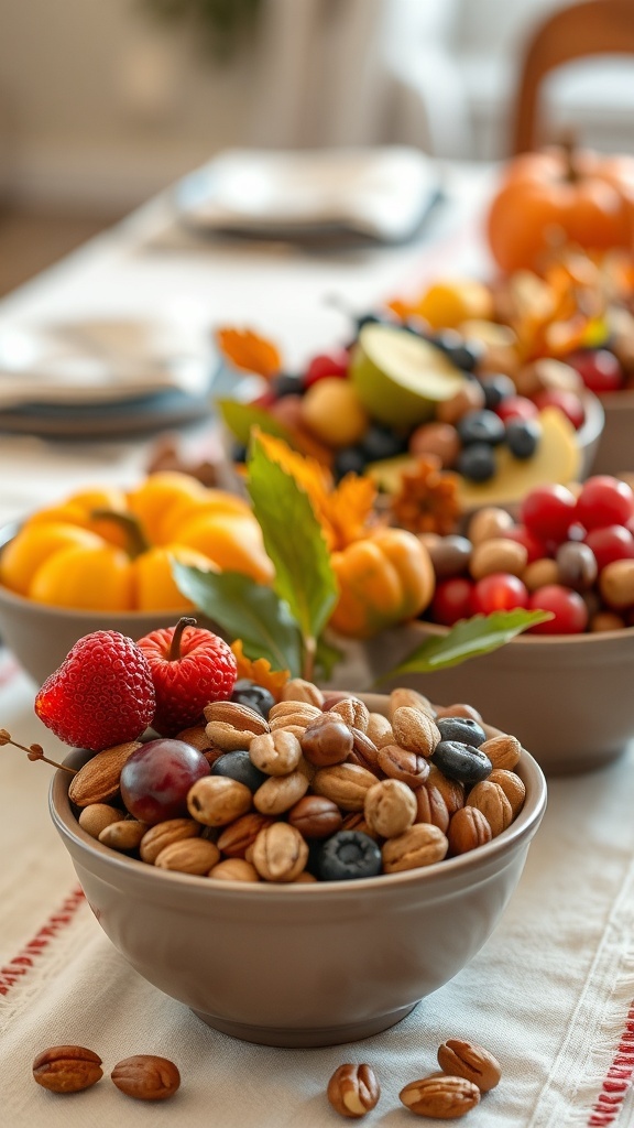 A beautifully arranged Thanksgiving table featuring colorful bowls of fruits and nuts.