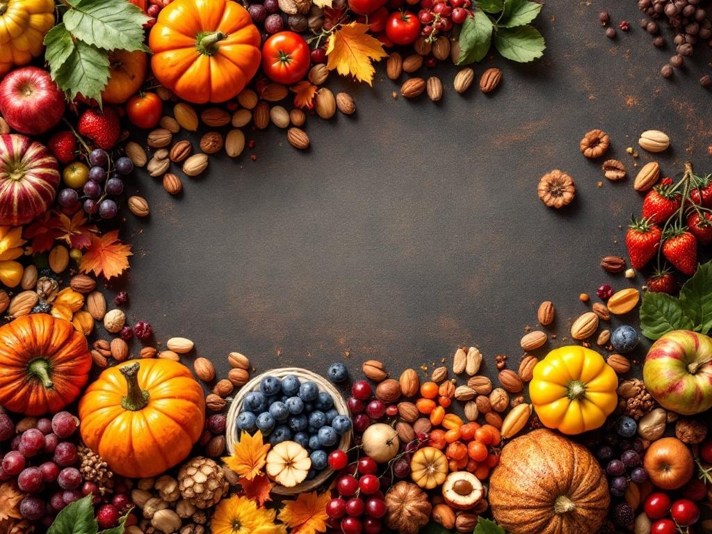A vibrant display of colorful fruits and nuts for Thanksgiving decorations.