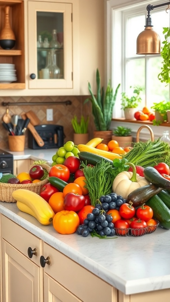 A boho kitchen with a colorful display of fruits and vegetables on the countertop.
