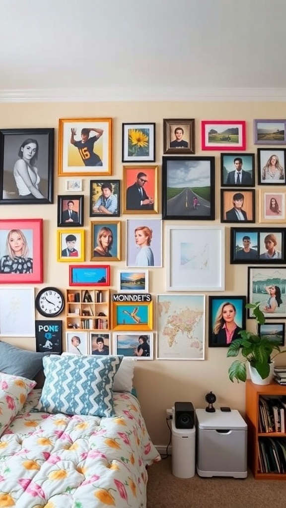 Colorful gallery wall with various framed pictures and a cozy bed