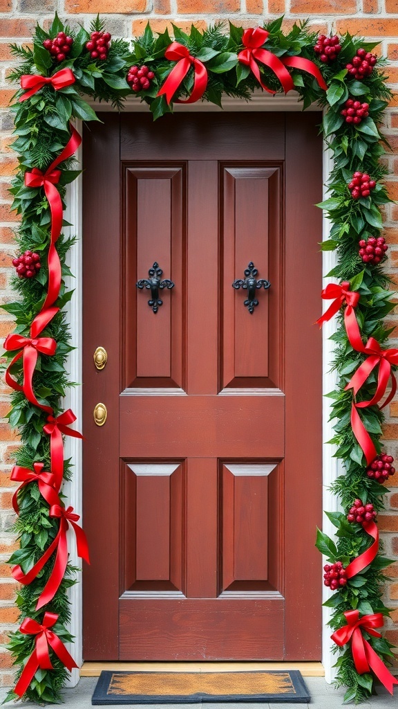 A front door decorated with a colorful garland featuring red ribbons and berries.