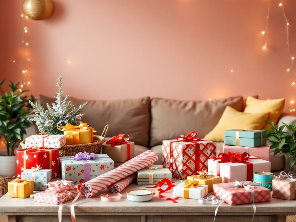 A festive gift wrapping station with colorful presents, ribbons, and a small tree.
