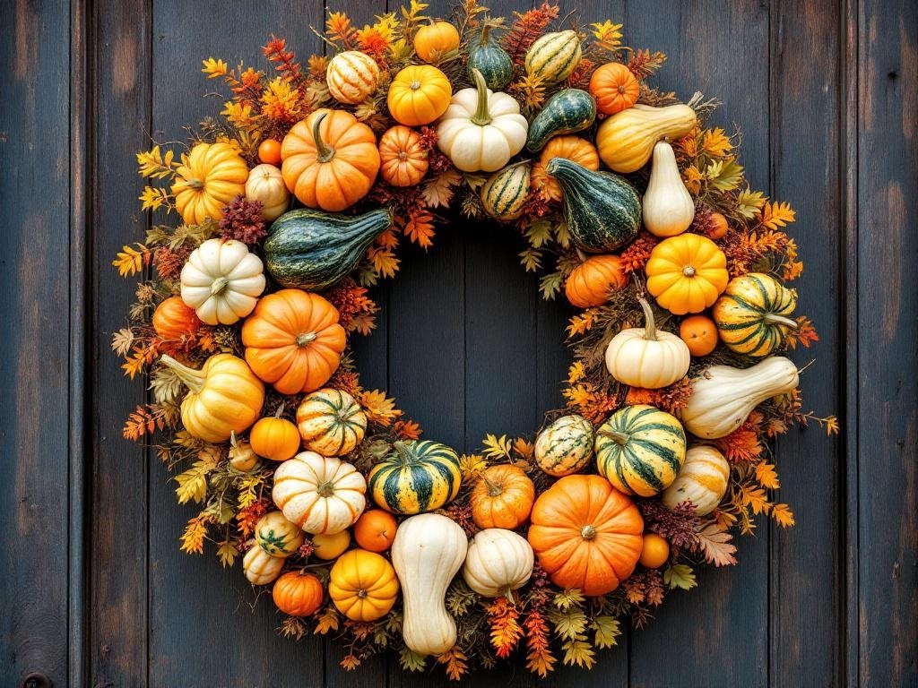 A colorful Thanksgiving wreath made of various gourds and squash, featuring pumpkins in shades of orange, white, and green, surrounded by autumn leaves.