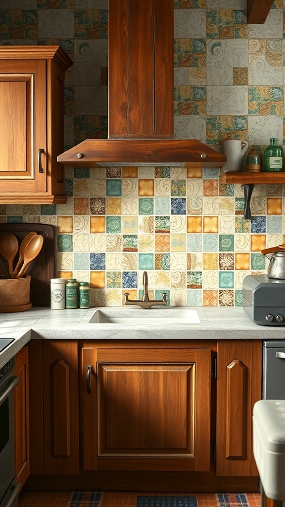 A rustic farmhouse kitchen with colorful tile backsplash and wooden cabinets.