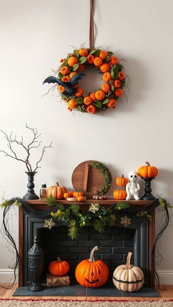 A colorful Halloween wreath with pumpkins and a bat, hanging above a decorated mantle.