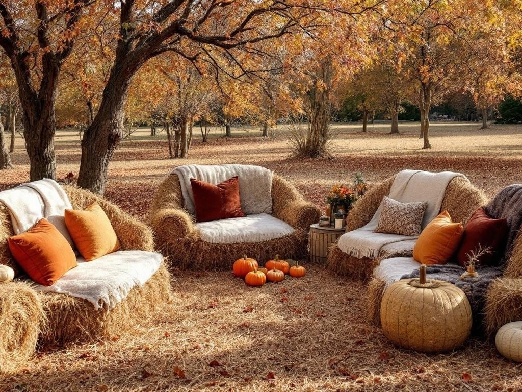 Outdoor seating made from hay bales with colorful pillows and pumpkins, surrounded by autumn foliage.
