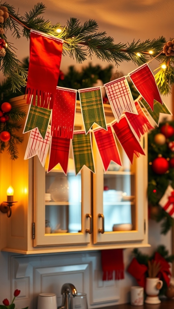 Colorful holiday banners hanging above kitchen cabinets decorated with greenery.