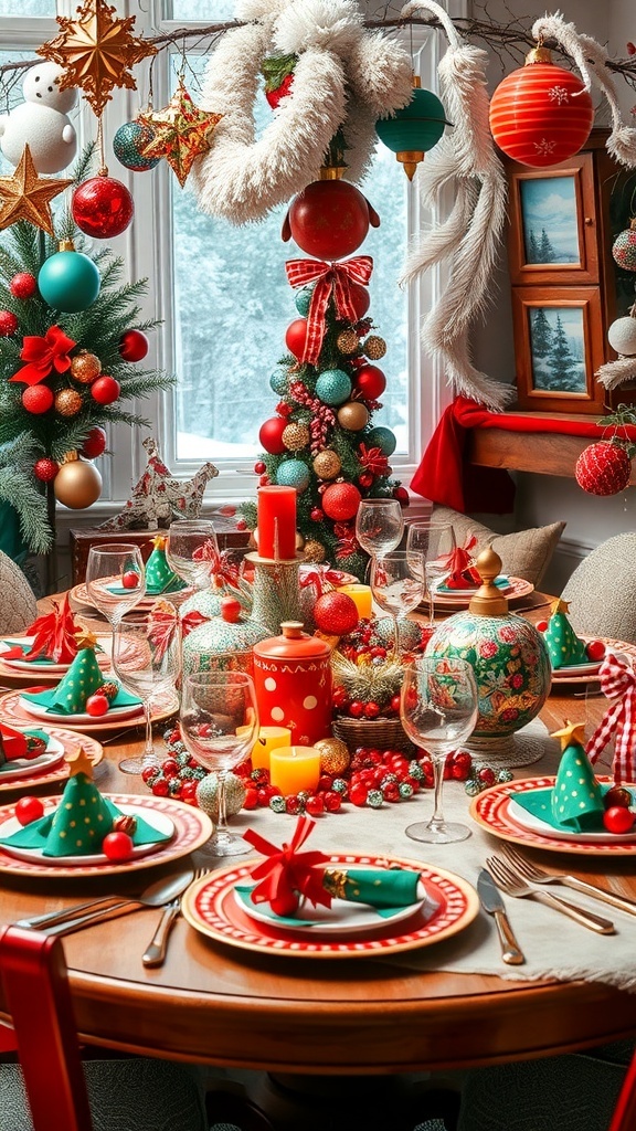 A vibrant winter tablescape featuring colorful decorations, festive tableware, and a cozy atmosphere.