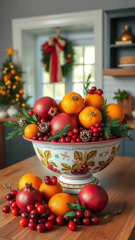 A festive fruit bowl filled with oranges, pomegranates, and cranberries, decorated with greenery and pinecones.