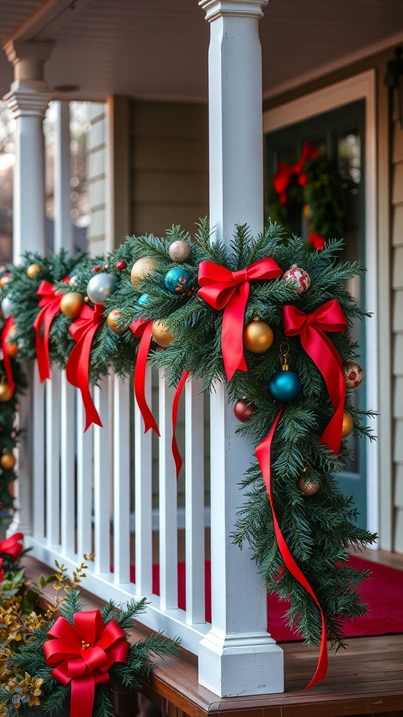 Colorful holiday garland with ribbons and ornaments on a porch railing.