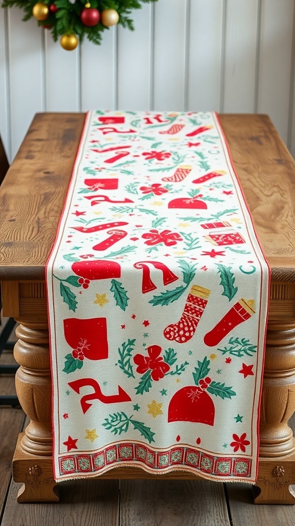 Colorful holiday table runner with festive designs