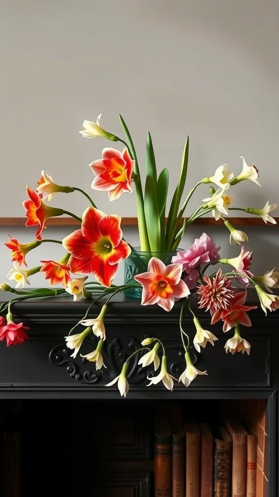 A vibrant floral arrangement featuring amaryllis and daffodils on a mantle.