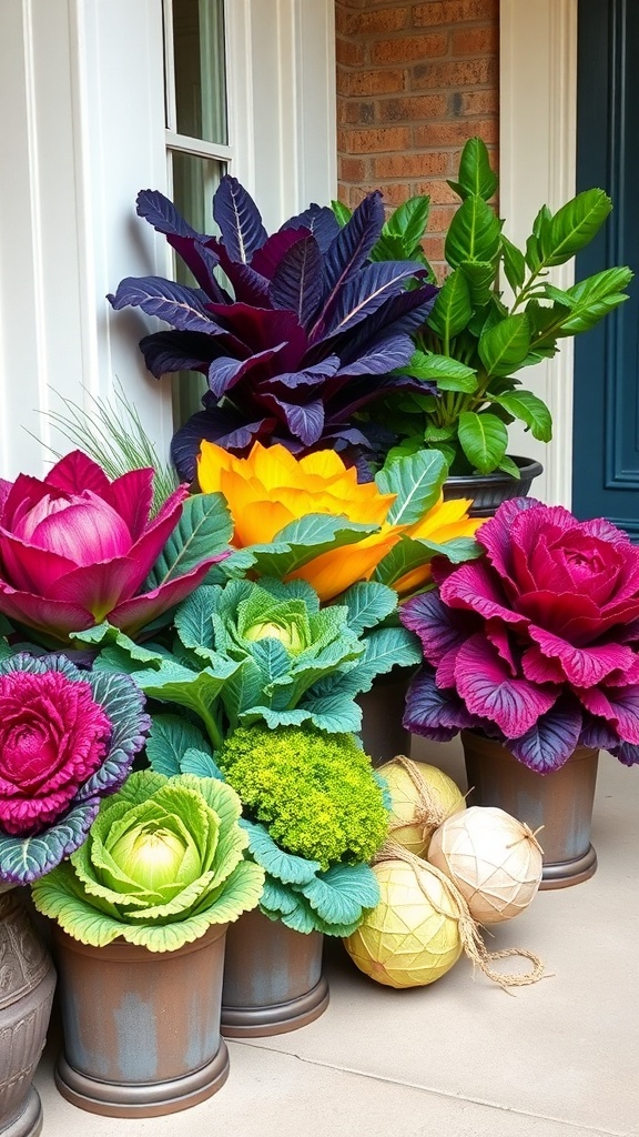 Colorful kales and ornamental cabbages in pots on a front porch