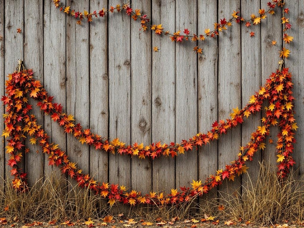 Colorful leaf garlands draped on a wooden fence