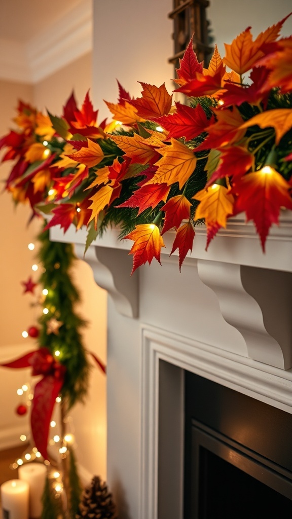 A colorful leaf garland with vibrant red, orange, and yellow leaves draped over a white mantel, adorned with soft glowing lights.